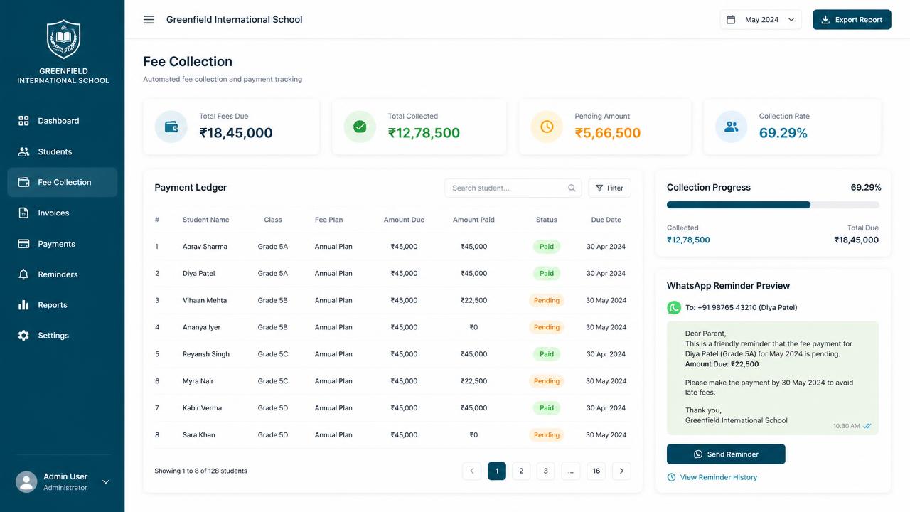 SchoolPay dashboard showing automated fee processing